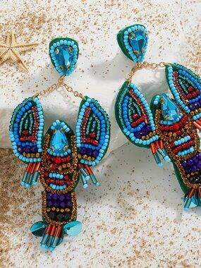 🆕️  BLUE Artisan Hand Made Large Blue Lobster Beaded Earrings NWOT